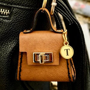 Mini Purse Bag Charm | Twist Lock | Vegan Leather Cognac Smooth