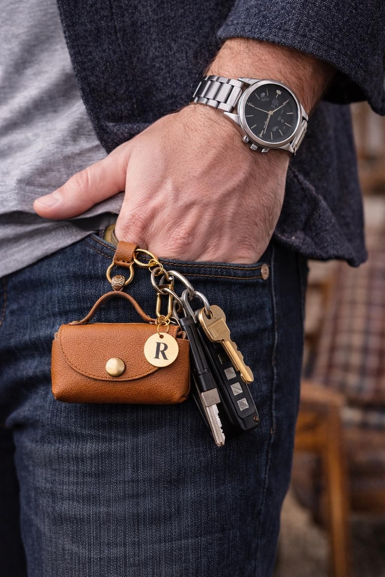 Puede incluir: Una peque&ntilde;a funda marr&oacute;n de aspecto cuero con asa superior y cierre de presi&oacute;n dorado, sujeta a un llavero dorado con un dije circular que muestra la letra R. La funda cuelga junto a un juego de llaves de metal y un mando de coche negro.