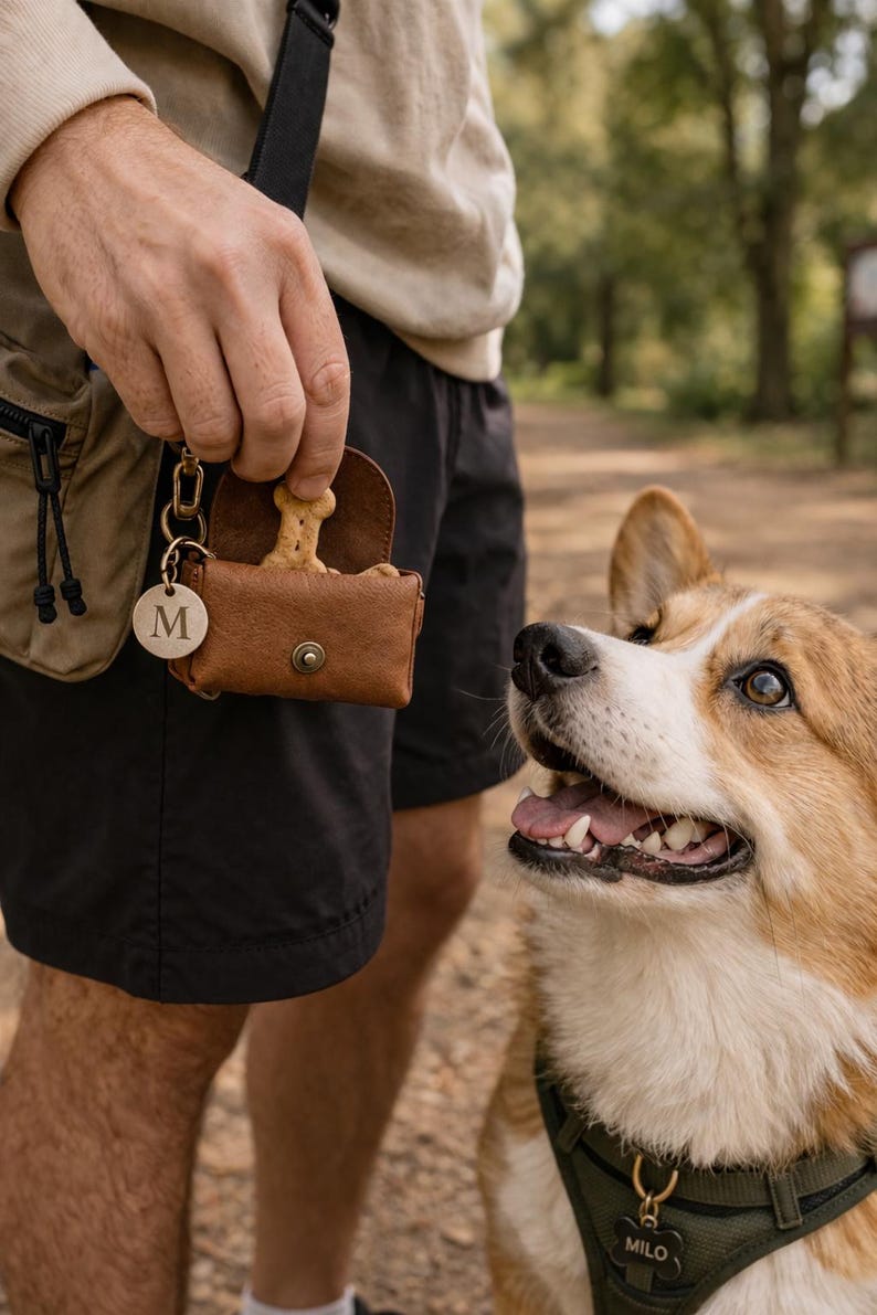 Puede incluir: Una peque&ntilde;a bolsa de cuero marr&oacute;n para premios con cierre de bot&oacute;n a presi&oacute;n, que contiene una golosina para perro en forma de hueso. La bolsa incluye un dije redondo de metal grabado con la letra M, unido a un clip dorado.