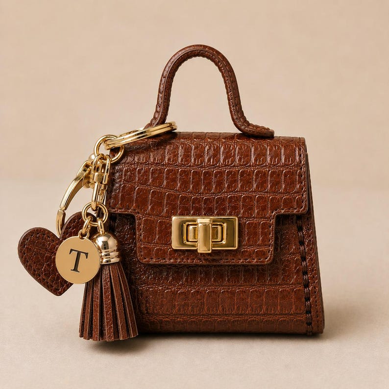 Mini Purse Bag Charm | Twist Lock | Vegan Leather Chestnut Croc