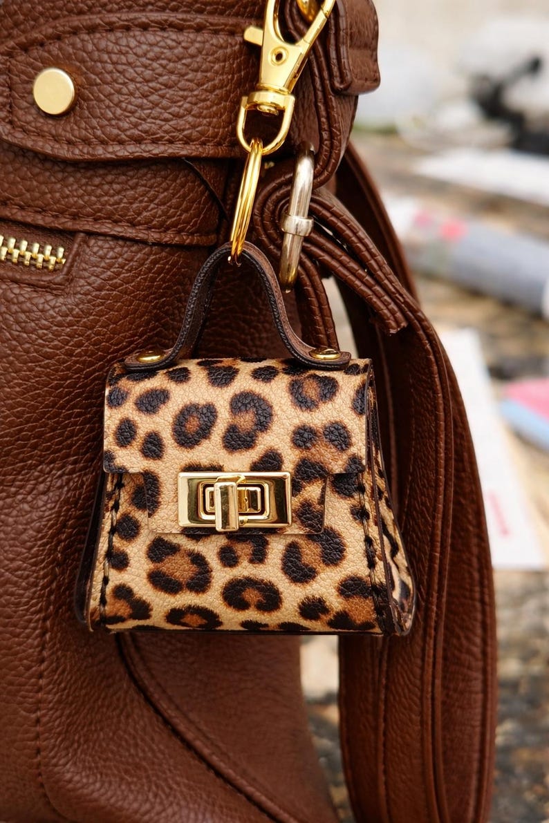 Mini Purse Bag Charm | Twist Lock | Vegan Leather Leopard