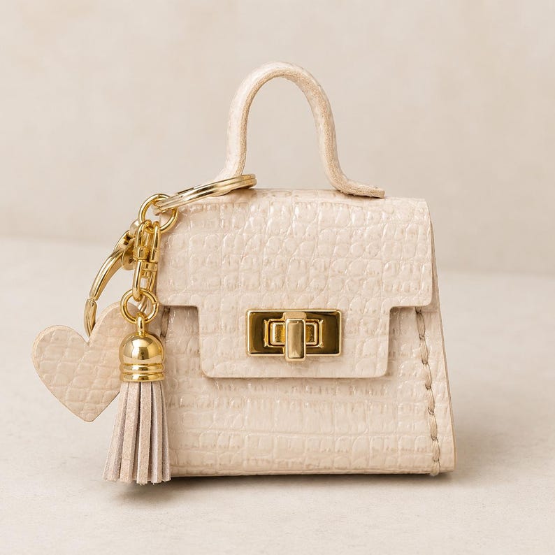 Mini Purse Bag Charm | Twist Lock | Vegan Leather Cream Croc
