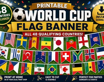 Banner stampabile per la Coppa del Mondo 2026 con le bandiere delle 48 nazioni, decorazioni per feste a tema calcio, download immediato in PDF.