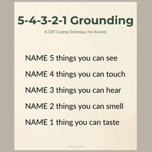 Póster de terapia cognitivo-conductual / Póster de conexión a tierra "5-4-3-2-1" para aliviar la ansiedad (descarga digital de 8x10 pulgadas)