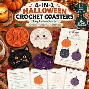 Peut inclure: Un ensemble de modèles de sous-verres au crochet pour Halloween 4-en-1 comprenant des instructions pour une citrouille, un fantôme, un chat et un chapeau de sorcière. Le kit inclut un guide imprimé avec des schémas et quatre sous-verres finis.