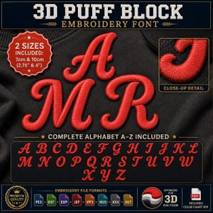 3D Puff Alphabet Embroidery Font (7cm & 10cm Included),3D Block Monogram Machine Embroidery Files, Digitized Varsity Letters PES DST JeF EXP