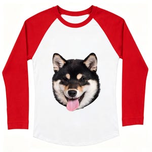 Custom Dog Portrait Red Raglan Tee, Personalized Shiba Inu Long Sleeve Shirt For Pet Owners