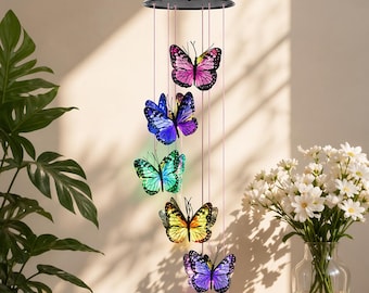 Lámpara solar con forma de mariposa, móvil LED que cambia de color, decoración de jardín resistente al agua.