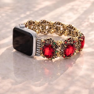Vintage Red Gemstone Apple Watch Band, Ornate Bracelet Strap Stretch Fit Jewelry 150mm 5.9''