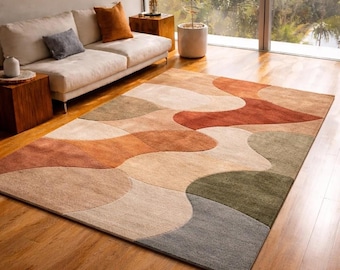 Abstract vloerkleed, handgetuft van wol en katoen, geometrisch patroon, 17 maten