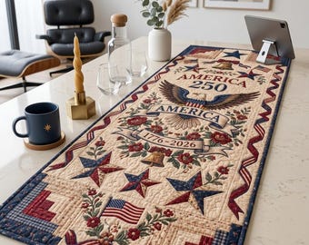 America 250 Table Runner, Patriotic Quilted Centerpiece, 1776 to 2026 Americana Decor, Primitive 4th of July Quilt, USA