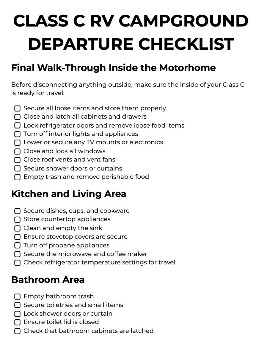 C Class Rv Inspection Sheet Class C RV Departure Checklist Printable | Motorhome Travel Checklist ...