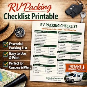 Lista di controllo per il bagaglio del camper stampabile, lista per il campeggio in PDF, lista degli elementi essenziali per la roulotte, pianificatore per il campeggio in camper, lista per l'organizzazione del camper