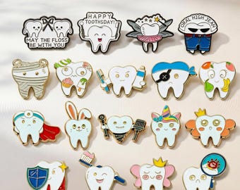 Tand emaille pins set, tandheelkundige badge collectie, schattige tandarts broche, tandenfee pin, mondhygiënist cadeau, tandheelkundige student jas tas pin