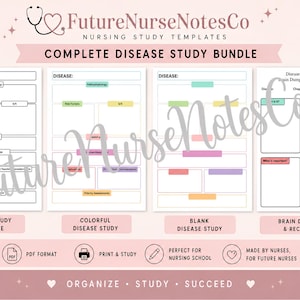 May include: A digital nursing study template bundle titled FutureNurseNotesCo Complete Disease Study Bundle. It includes four white pages with black outlines for disease study, featuring sections for pathophysiology, risk factors, and brain dump recall.