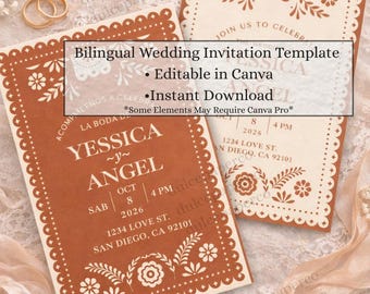 Bilingual Mexican Wedding Invitation Template Set | Papel Picado | Editable Canva Template | Instant Download