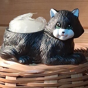 May include: A black cat-shaped ceramic container with a white face, green eyes, and blue-tipped ears. The container holds a white, wrapped item. The cat rests on a woven basket.