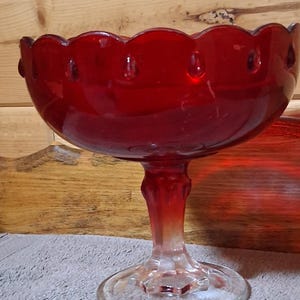 May include: A ruby red glass pedestal bowl with a scalloped rim. The bowl has a rounded base and a clear, star-shaped foot. The stem of the bowl has an ombre effect, transitioning from red to clear. The bowl is likely vintage.
