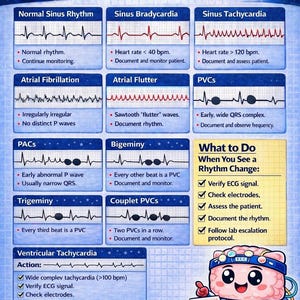 Może przedstawiać: Przewodnik po rozpoznawaniu rytmu serca z wykresami EKG i postacią z kreskówki przedstawiającą mózg. Przewodnik zawiera informacje o rytmach serca, w tym bradykardii i tachykardii.