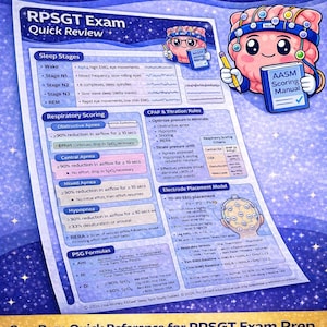 May include: A blue and white reference sheet for the RPSGT exam, featuring sleep stages, CPAP titration rules, and scoring formulas. Includes illustrations of a brain with EEG leads and a cartoon brain holding a manual. Printable 8.5 x 11 PDF.
