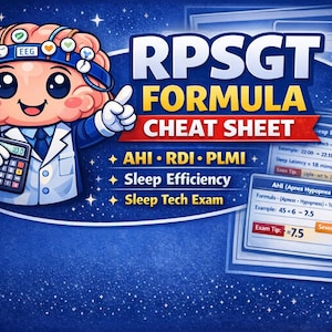May include: A cartoon brain character wearing an EEG headband and holding a calculator, with the text "RPSGT FORMULA CHEAT SHEET." The image includes information on AHI, RDI, PLMI, sleep efficiency, and the Sleep Tech Exam.