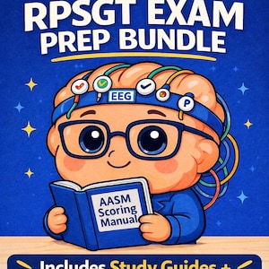 Puede incluir: Ilustración de un personaje de dibujos animados con gafas y una diadema con cables de EEG, sosteniendo un libro azul titulado "AASM Scoring Manual". La imagen incluye el texto "Ultimate RPSGT EXAM PREP BUNDLE" y "Includes Study Guides + Exam Strategies" sobre un fondo azul.