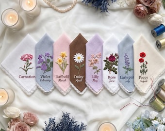 Pañuelos bordados personalizados: Flores del mes de nacimiento, pañuelo floral personalizado para bodas, para la madre de la novia, recuerdo de boda.