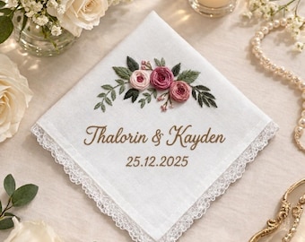 Custom Embroidered Wedding Handkerchief, Bridal Hankie, Hand-Embroidered Flower For Wedding, Wedding Gift for Her