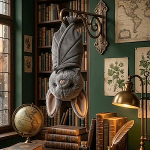 Pode incluir: Um morcego de pelúcia cinzento pendura-se de cabeça para baixo numa montagem de parede decorativa de latão. O morcego tem orelhas grandes e macias e um corpo fofo. O fundo inclui uma biblioteca com livros, um globo e uma lâmpada vintage.