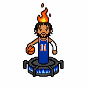 May include: A pixel art illustration of a basketball player with dark hair and a beard, wearing a blue jersey with the number 11 in orange. The player holds an orange basketball, has flames above their head, and stands on a circular platform.