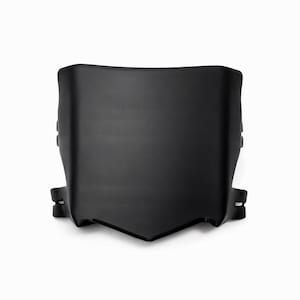 May include: A matte black, curved plastic motorcycle front number plate with a pointed lower edge and integrated side mounting tabs. The surface is smooth and solid black, featuring a symmetrical design with a wide top and a tapered bottom section.