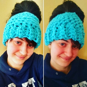 PATTERN - Chunky Monkey Reversible Messy Bun Beanie Hat - 1 and a Half Hour Project - PDF Download Crochet Instructions