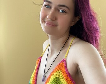 Ready to Ship - Rainbow Pride 2022 Crochet Cotton Crop Top - Size Medium