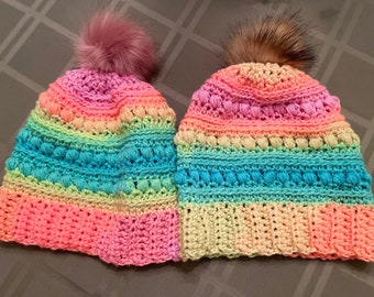 Ready to ship - Belladonna Beanie - TikTok Rainbow Yarn - Retro Stripes - Slouchy Removable Pompom Hat