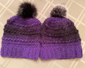 Ready to Ship - Belladonna Beanie - Purple and Black Yarn - Slouchy Removable Pompom Hat