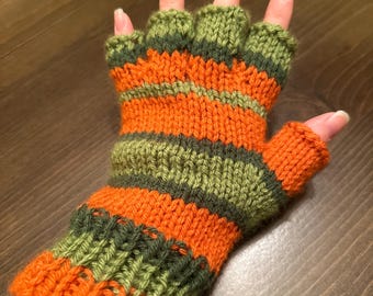 Made to Order Coraline Jones Fingerless Gloves Orange Black and Green Striped Yarn Mittens Cosplay