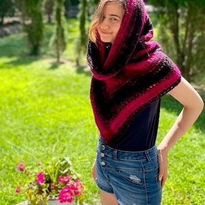 Ready to Ship Wild Oleander Hooded Scarf - Adult Size - Hot Pink and Black Gradient - Option for Fringe - RTS Gifts - Fall Autumn Fashion