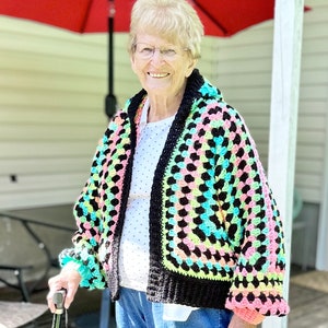 Ready to Ship - Rainbow Storm Cardigan -  Black and Pastel Rainbow Sweater Open Sleeve Fits SMLXL