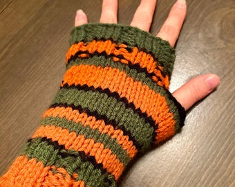 Made to Order Coraline Jones Fingerless Gloves Orange Black and Green Striped Yarn Mittens Cosplay