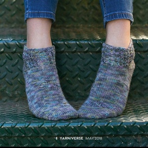 Puede incluir: Un par de calcetines tejidos a mano en un esquema de color azul, morado y verde. Los calcetines tienen un patrón de encaje alrededor de la parte superior y se muestran en los pies de una persona.