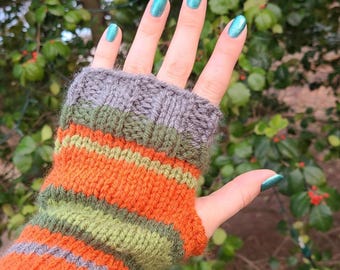Made to Order Coraline Jones Fingerless Gloves Orange Black and Green Striped Yarn Mittens Cosplay