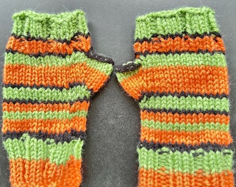 Made to Order Coraline Jones Fingerless Gloves Orange Black and Green Striped Yarn Mittens Cosplay