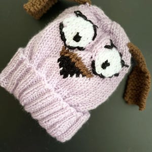 May include: A purple knitted hat with brown ears and embroidered white eyes and a black nose. The hat is designed to look like a cartoon dog.