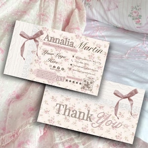 ピンクコケット サンキューカード Canvaテンプレート 高級小規模ビジネス向け挿入カード | 編集可能な顧客感謝印刷可能ブティックパッケージカード