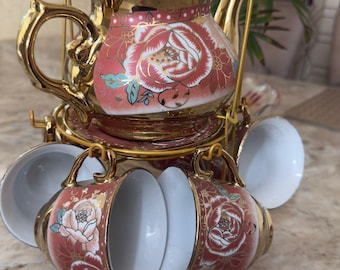 Handmade 13 Pieces European Ceramic Tea Set for Adults With Metal Holder and Flower Painting (Large Cream Version) Warm Pink