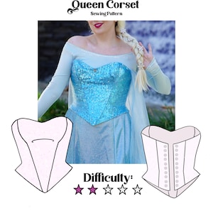 Op de afbeelding: Een naaipatroon voor een "Queen Corset" wordt getoond, met een lichtblauwe pailletten lijfje en een bijpassende rok. De moeilijkheidsgraad wordt aangegeven met drie van de vijf sterren. De afbeelding bevat twee korsetdiagrammen en het "Nikki Blackwell"-logo.