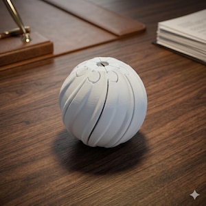 May include: A white, spherical object with a spiraling, ribbed design. The object has a series of curved cutouts around the top. It sits on a dark wooden surface, suggesting a decorative or functional item.