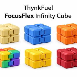 May include: Six FocusFlex Infinity Cubes in various colors: yellow, blue, orange, red, and a rainbow-colored cube. The cubes are made of plastic and have a modular design. The text "ThynkFuel FocusFlex Infinity Cube" is at the top.