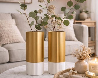 Modern Ribbed Two Tone Vase Set Black and White