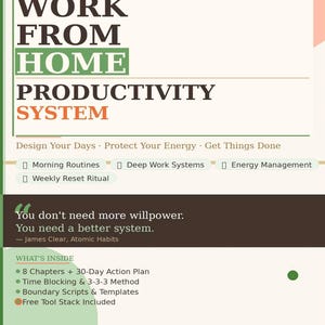 Könnte beinhalten: Titelbild für einen digitalen Download für einen "Work From Home Productivity System"-Leitfaden. Der Titel ist in großen, fetten Buchstaben mit einem grünen und orangenen Farbschema gehalten. Das Cover enthält Aufzählungszeichen, die den Inhalt des Leitfadens detaillieren, und ein Zitat von James Clear.